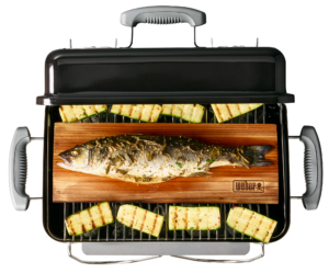 Weber Go-Anywhere Charcoal Grill Black Top View Fish