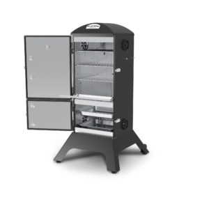 Broil King Smoke Vertical Charcoal Smoker Side View 1 Open