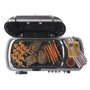 Weber Traveler Portable Gas Grill Propane Cooking Capacity Steak and Shrimp